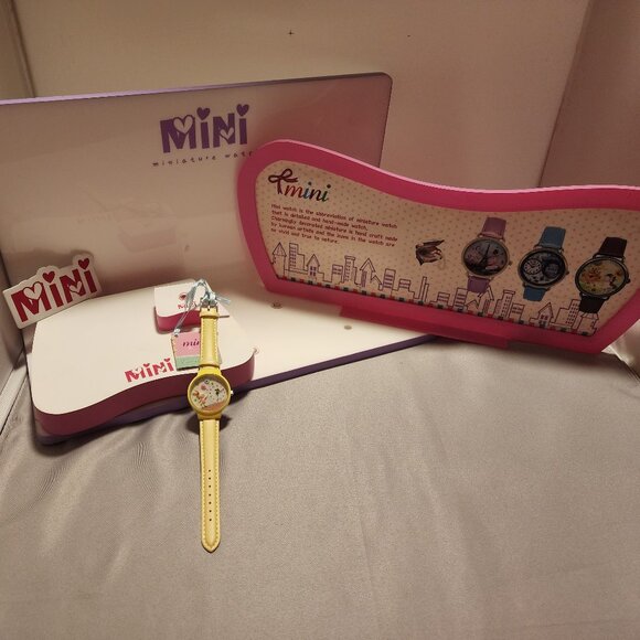 Mini Brand Handcrafted Watch - Bunny with Balloons Theme with Yellow Band - Picture 3 of 5